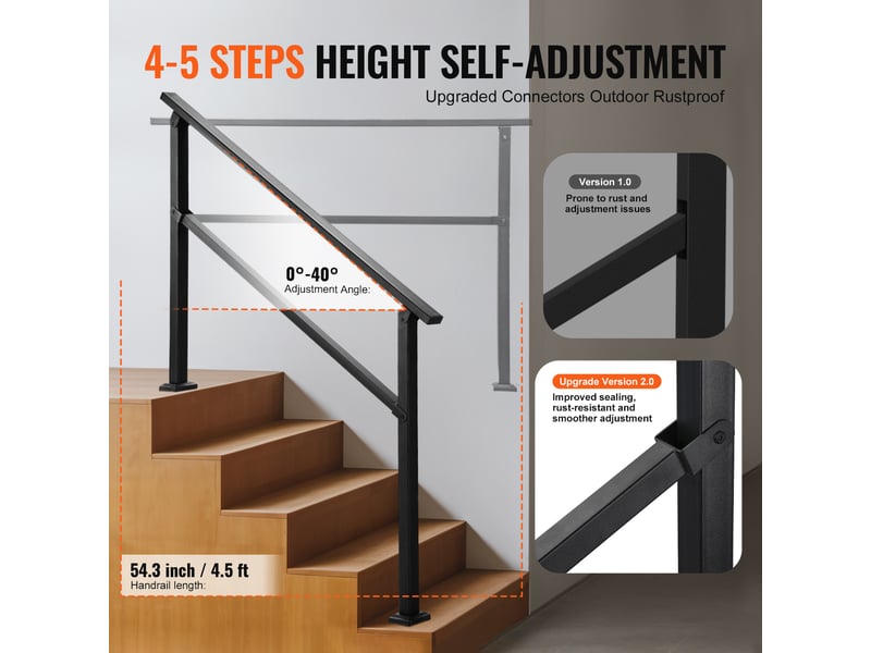  Vevor rampe deescalier pour 4-5 marches exterieures, main courante escalier, avec barre horizontale, tube carre en acier au carbone, pour personnes âgees, marches en beton, porche, terrasse, noir  - Conforama C