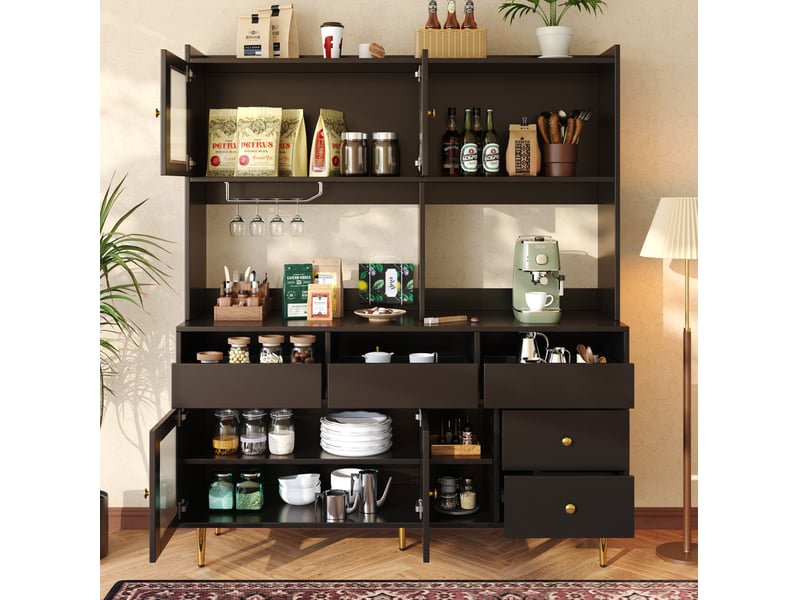 Buffet haut 145x39x171 cm noir mdf, portes vitrées, range-vaisselle et bouteilles - Conforama B