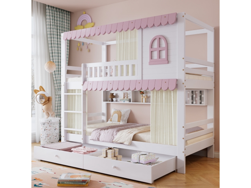  Lit superposé 90x200 cm, lit simple enfant, fenêtre, rideaux, étagères ouvertes, 2 tiroirs, blanc et rose, sans matelas  - Conforama B
