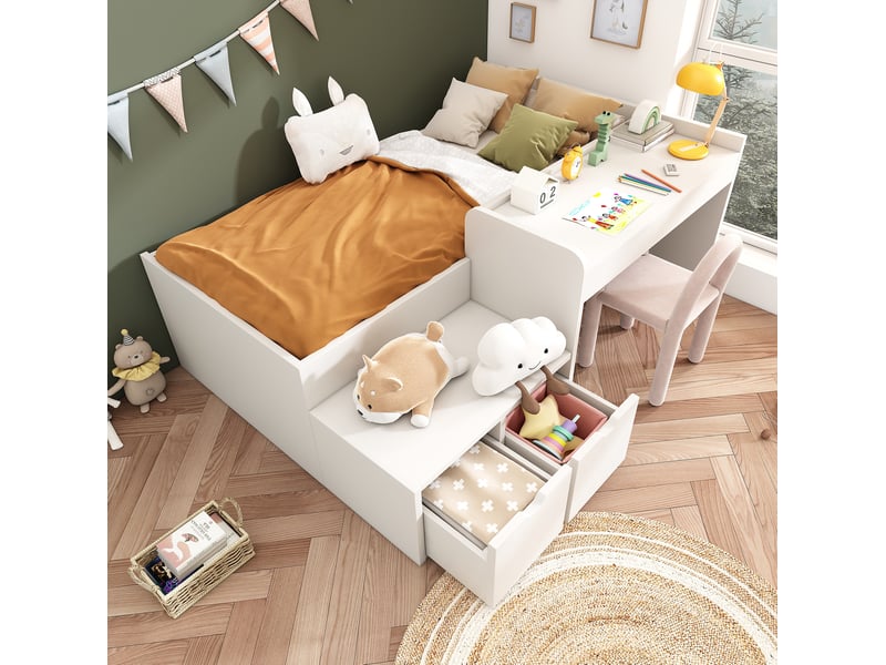  Modenvie lit enfant 90x200 cm - avec bureau, 2 tiroirs, sommier inclus, sans matelas - blanc  - Conforama B