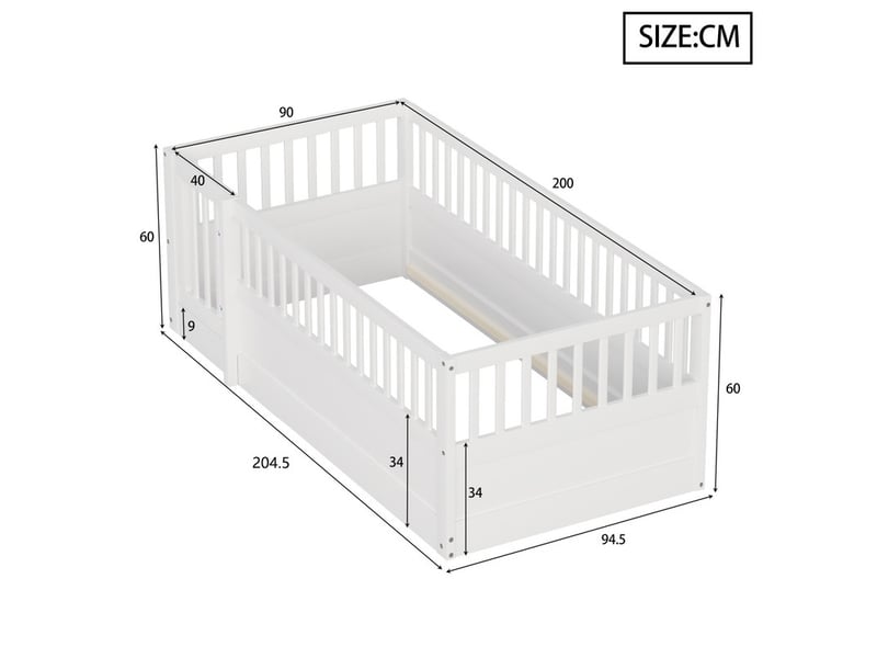 Lit enfant 90 x 200 cm, cadre en bois avec barreaux et porte, blanc  - Conforama C