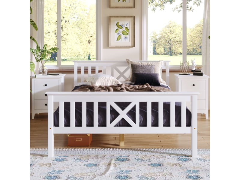  Lit 140x200 cm en bois massif, lit double en pin avec tête de lit, sommier à lattes, design naturel blanc  - Conforama B