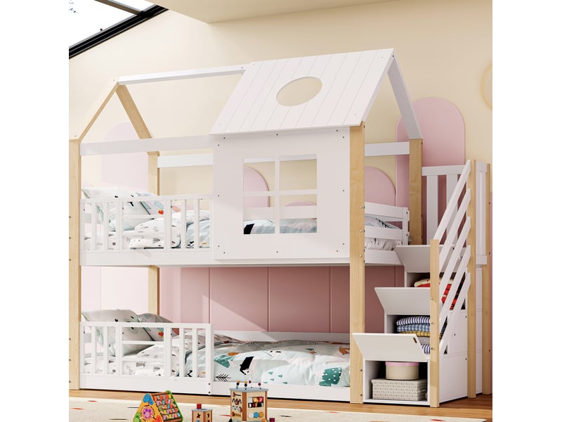 Lit superposé enfant avec escalier de rangement blanc et naturel 90 x 200 cm  - Conforama D