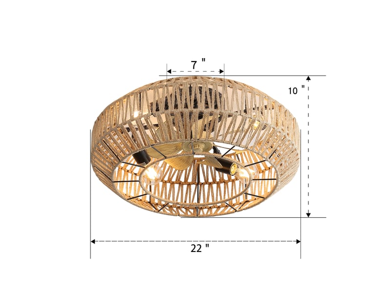  Ventilateur de plafond 56cm style boho avec cage rotin fermé, 6 vitesses moteur dc réversible télécommande, design décoratif pour salon chambre, rotin evarich - Conforama C