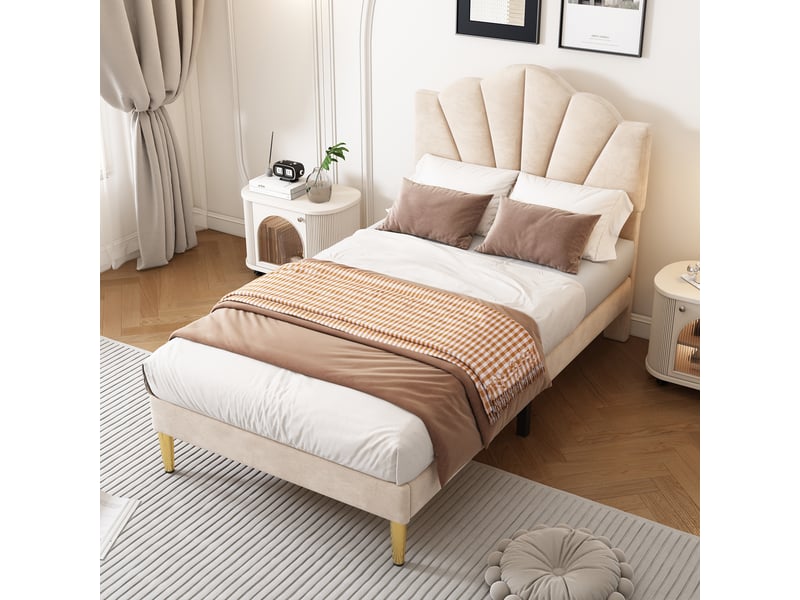  Lit capitonné en velours, 90 x 200 cm, lit en forme de coquillage avec pieds en fer doré, tête de lit réglable en hauteur, sommier à lattes en bois, avec banquette capitonnée et espace de rangement, beige  - Conforama B
