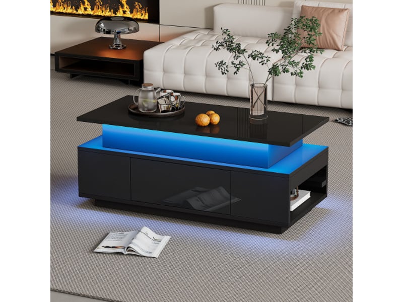 Table basse noire, table de salon brillante, réglable en hauteur avec rangement caché, tiroir et éclairage led - Conforama C