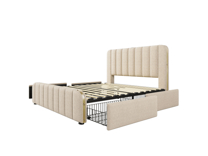  Lit capitonné 140x200 cm avec tête de lit et 4 tiroirs - bandes dorées, usb-c intégré, toile beige  - Conforama E