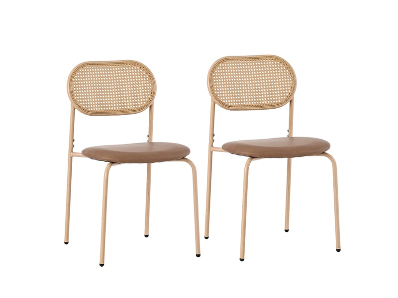  Lot de 2 chaises de salle à manger 46x48x80 cm marron, dossier en rotin, pieds en métal et assise pu  - Conforama D