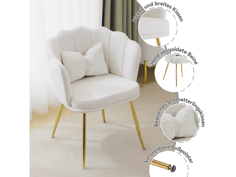  Chaise de salle à manger - lot de 6 avec accoudoirs, coussin papillon et dossier pétales en velours - beige  - Conforama E