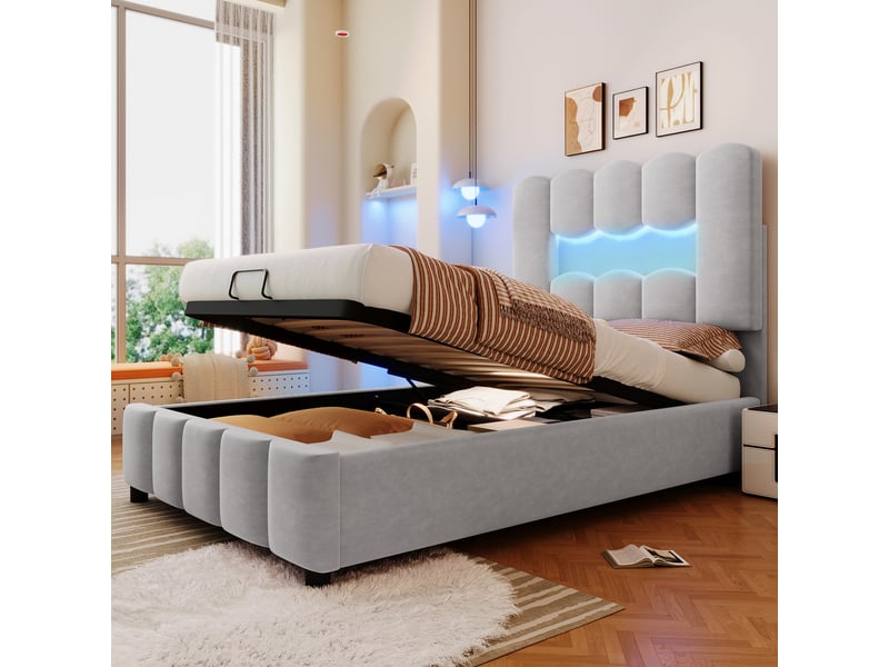  Lit rembourré 90 x 200 cm sans matelas, éclairage led, coffre hydraulique, tête réglable, velours gris  - Conforama D