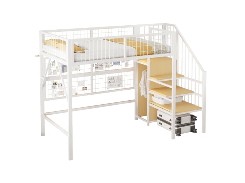  Lit mezzanine 90x200 cm, lit enfant avec led, escalier avec rangement et armoire ouverte, en métal, blanc, sans matelas  - Conforama A