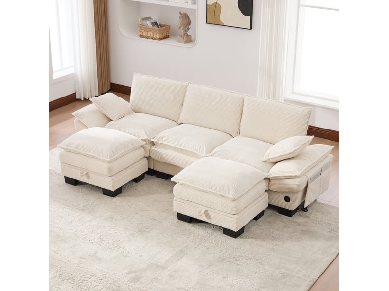  Canapé 3 places modulable en velours côtelé beige avec 2 poufs, port usb-c et poches latérales  - Conforama D