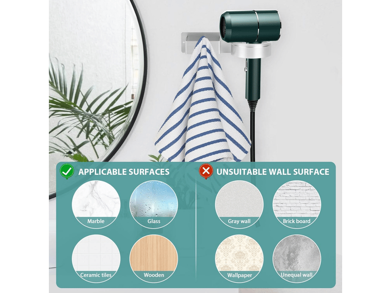Support de sèche-cheveux, sans perçage, adapté à la salle de bain, à la chambre, à l'hôtel, argenté - Conforama B