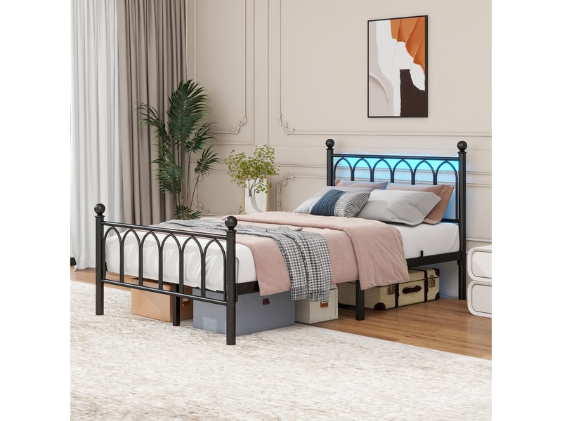  Lit simple 120x200 cm avec led et usb-c, cadre de lit adulte en métal avec tête et pied de lit vintage, lit 1 personne, noir  - Conforama R