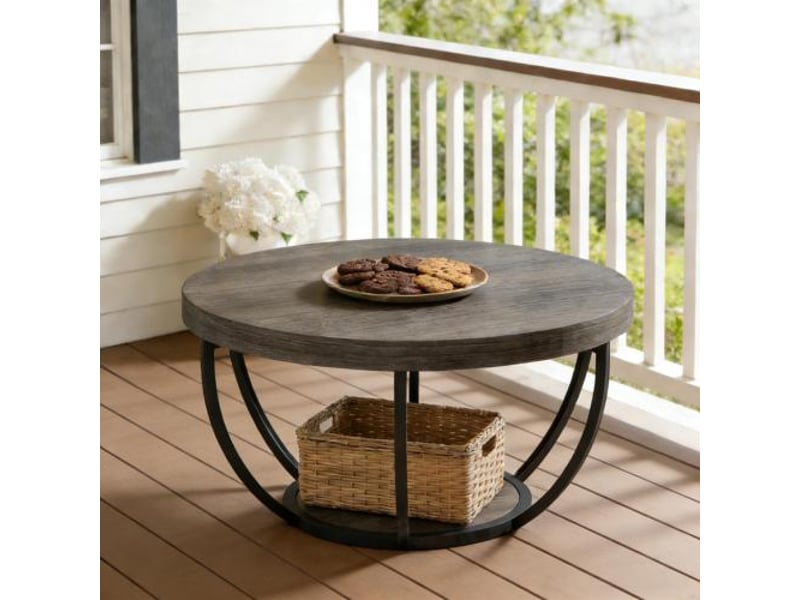  Table basse ronde à 2 niveaux avec plateau en bois et base en métal style moderne pour salon gris  - Conforama E