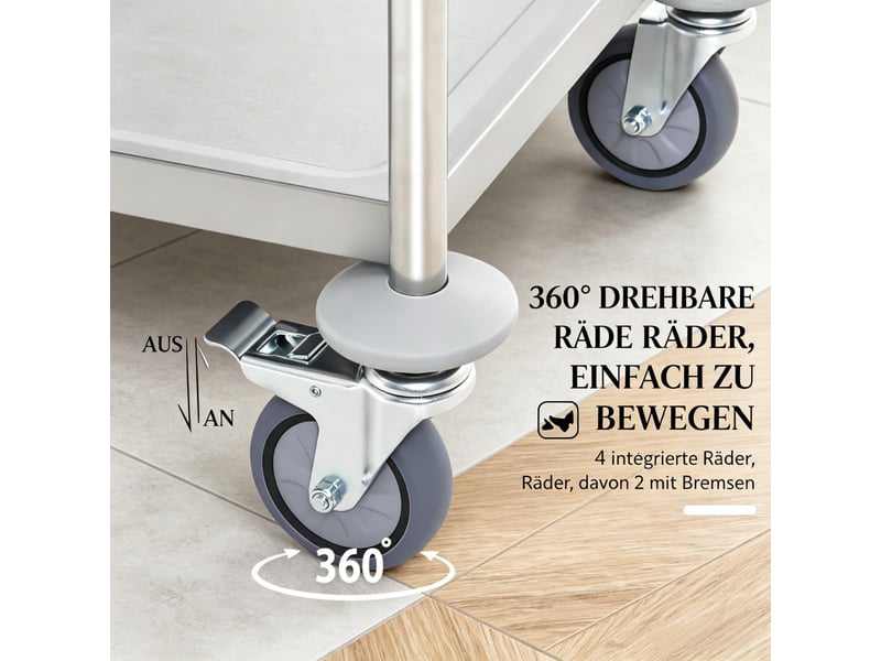  Desserte de cuisine en acier inoxydable gris, chariot de service à 2 niveaux avec roulettes, charge 100 kg, 80x45x82 cm  - Conforama R