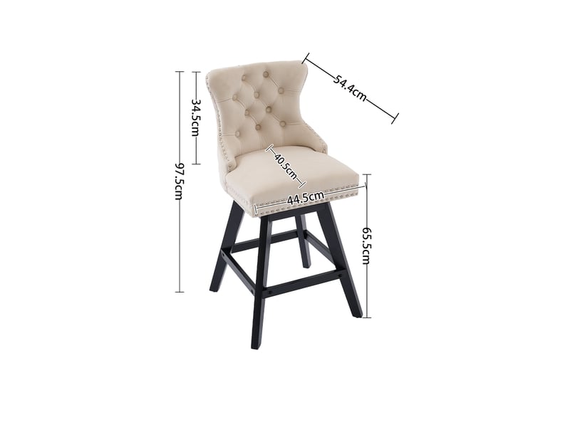  Lot de 2 tabourets de bar pivotants en velours beige – dossier capitonné, clous chromés, pieds bois  - Conforama C