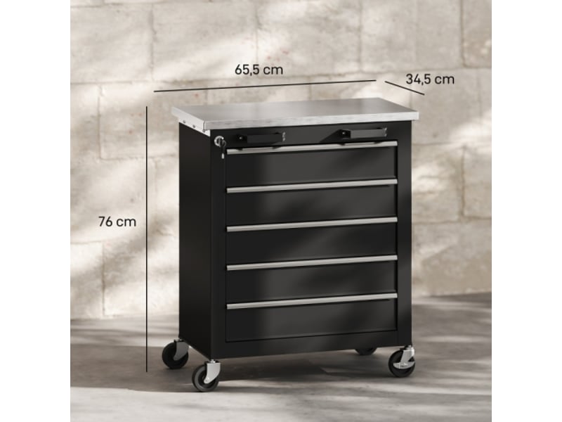  Armoire à outils mobile avec 5 tiroirs, servante d'atelier en acier argenté et noir, coffre roulant pratique pour garage  - Conforama D
