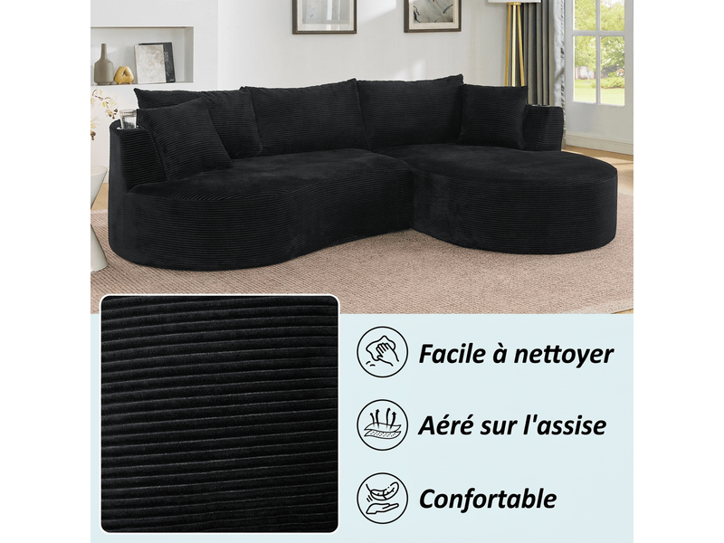 Canapé 3 places velours côtelé noir avec canapé d'angle droit - design incurvé et porte-gobelets - Conforama W