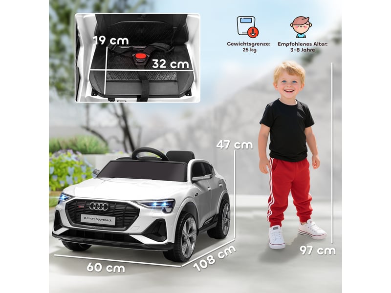  Voiture électrique enfant 12v audi e-tron, télécommande, ceinture, mp3usbtf, 3-5 ans, 3-5 kmh, blanche.  - Conforama E