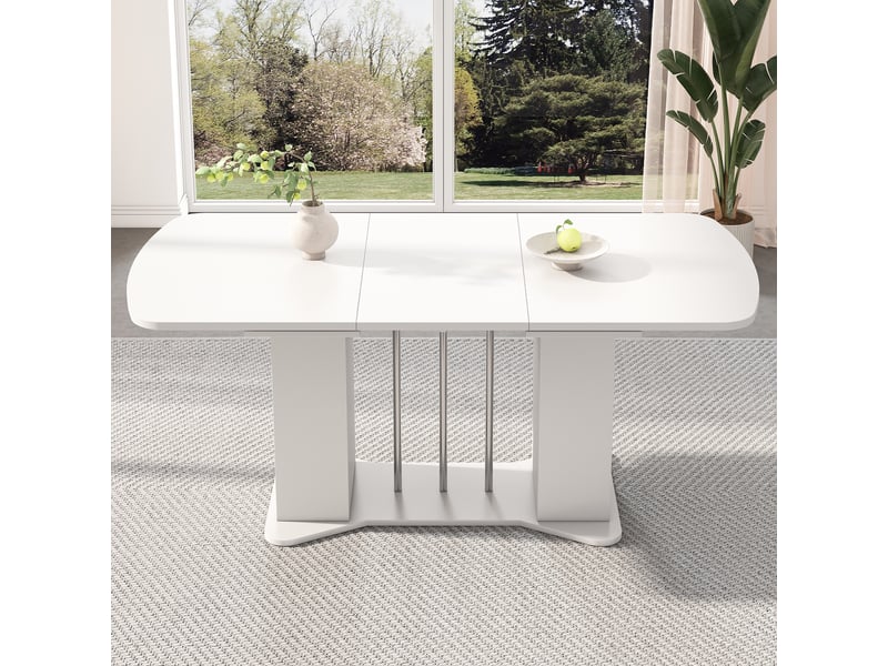  Table à manger extensible 120160 x 80 cm, 4–6 personnes, rangement intégré, pieds métal argentés, blanc evarich - Conforama E