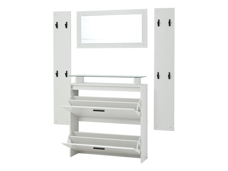 Ensemble meuble d'entrée complet 4 pièces, vestiaire de couloir gain de place avec meuble à chaussures miroir et 8 patères, style scandinave, blanc - Conforama D