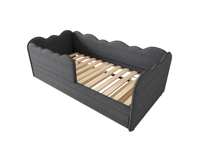 Lit banquette gigogne 90x190 cm en lin gris, sommier à lattes, sans matelas - Conforama A