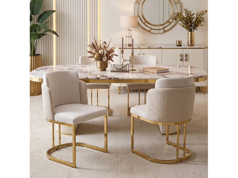 Lot de 2 chaises de salle à manger à dossier double, beige et or, design premium, cadre métallique  - Conforama D