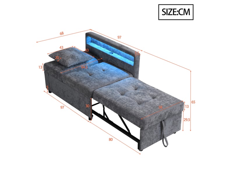  Canapé-lit convertible modenvie 3 en 1 gris clair 177 x 68 x 65 cm avec led usb type-c  - Conforama C