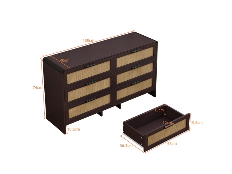  Commode de rangement à 6 tiroirs – rotin naturel et angles arrondis – marron rougeâtre – 130 x 40 x 74 cm  - Conforama D