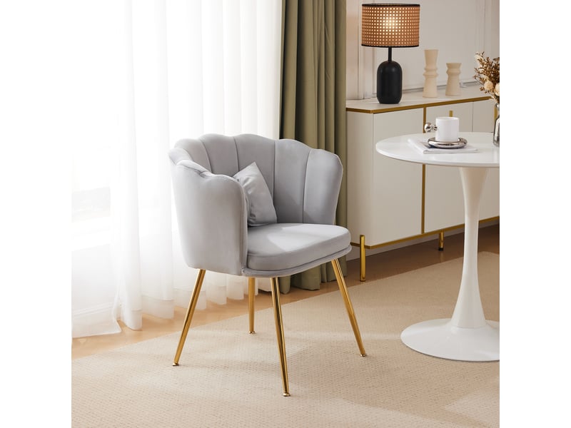  Fauteuil décoratif ulevr en velours gris, dossier pétale, coussin papillon et pieds métalliques dorés, 63 x 58 x 77 cm  - Conforama E