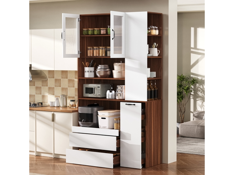  Buffet haut 100 x 40 x 200 cm avec 2 tiroirs, rangements et verre cannelé, blanc et noyer Fay Lum - Conforama B