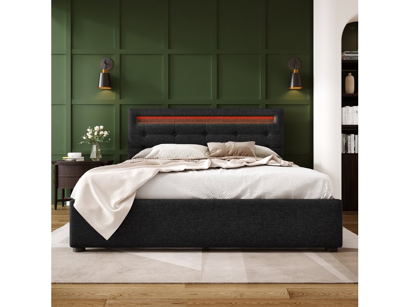  Lit rembourré tcqpz 140 x 200 cm avec matelas led 4 tiroirs tête de lit réglable noir  - Conforama D