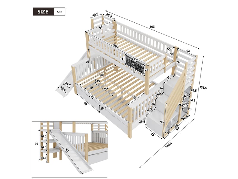  Lit superposé enfant blanc et bois naturel avec toboggan, escalier et rangements 90 x 200 cm et 140 x 200 cm  - Conforama E