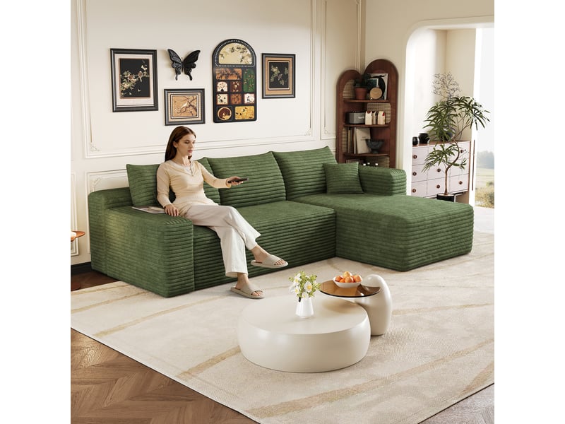  Canapé d’angle vert en velours côtelé, canapé 3 places en l de 241 cm avec méridienne, mousse haute élasticité, salon  - Conforama D