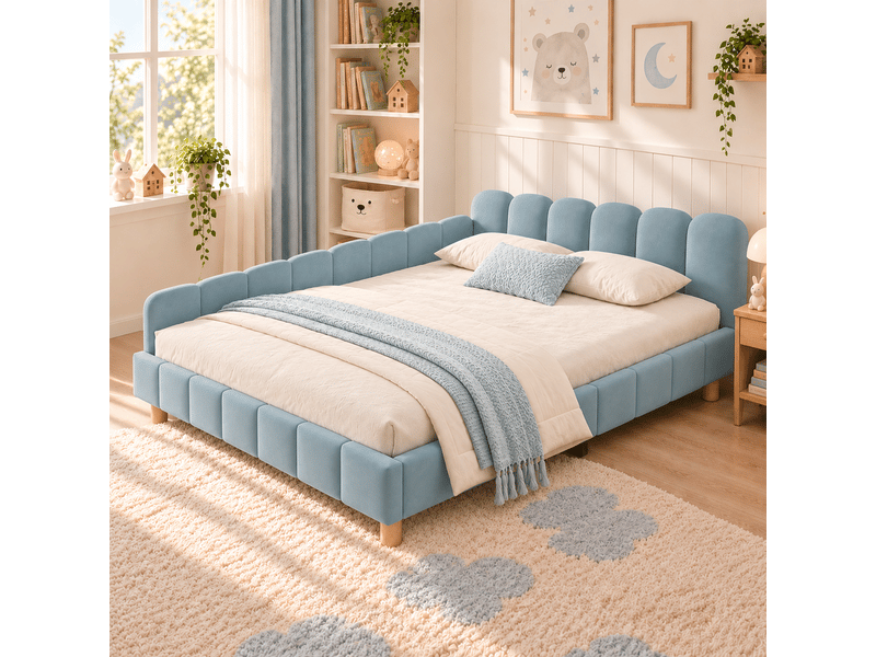  Lit avec rangement bleu pour enfant, 140x200 cm, structure robuste en velours motif rayé vertical  - Conforama D