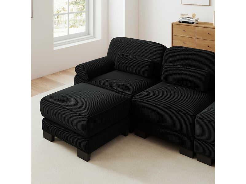  Canapé d’angle modulable 2 places noir en velours côtelé, avec pouf assorti, assise profonde et coussin lombaire pour salon  - Conforama R