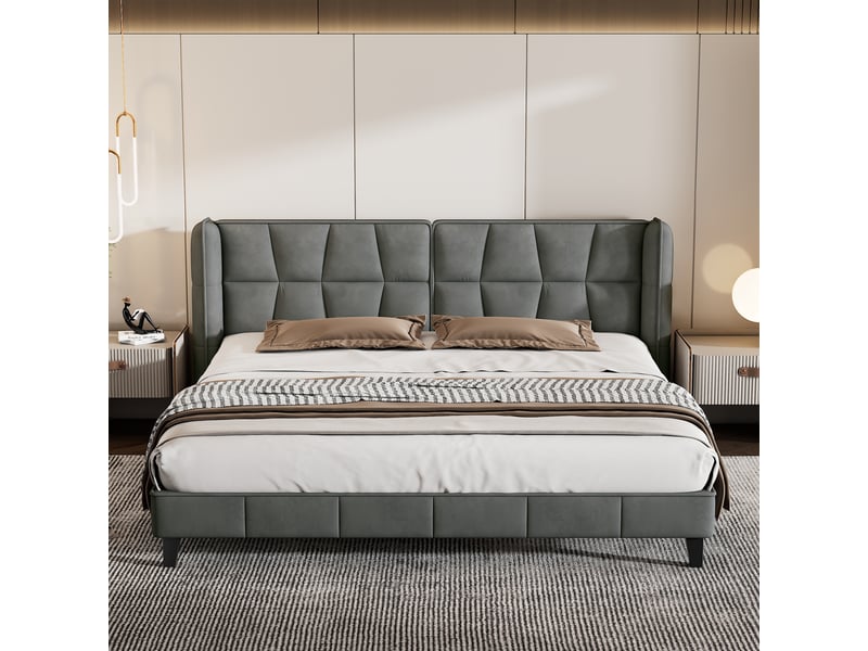Lit capitonné 180x200 avec sommier à lattes et tête de lit, lit en velours gris élégant pour adulte, structure robuste, montage facile. - Conforama D