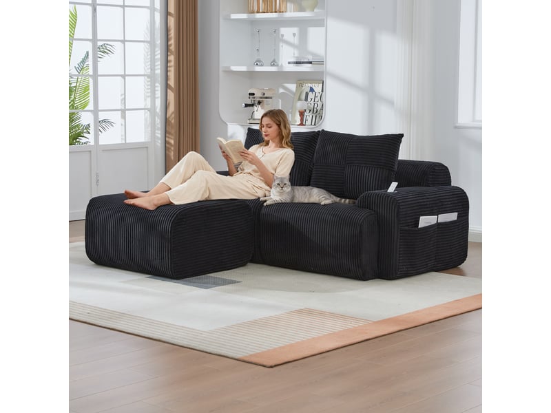  Canapé modulable, canapé de salon, noir, porte-gobelets, mobilier pour espace de vie, en velours tricoté  - Conforama R
