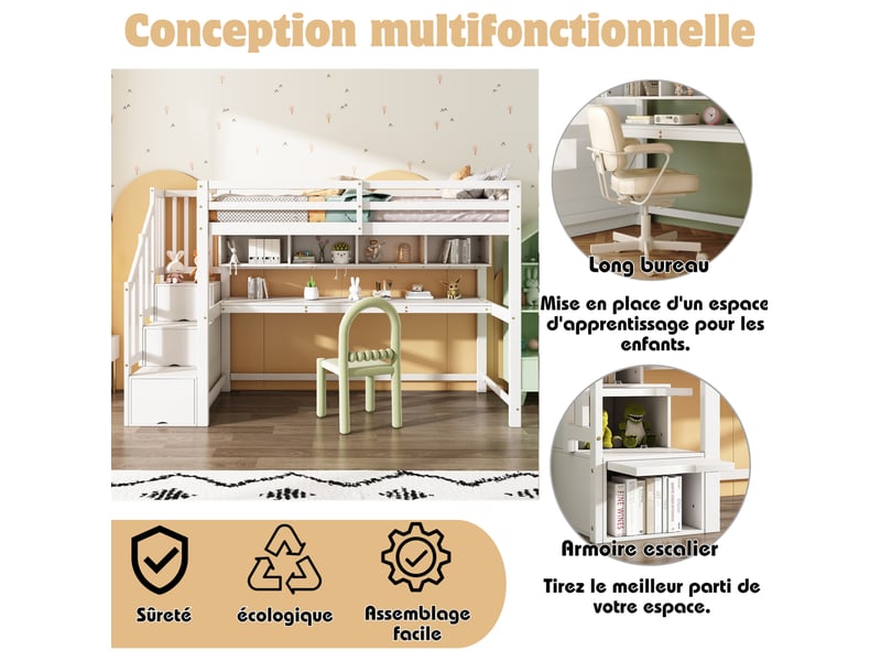  Lit mezzanine enfant 90x200 cm avec escalier de rangement, bureau et étagères blanc  - Conforama E