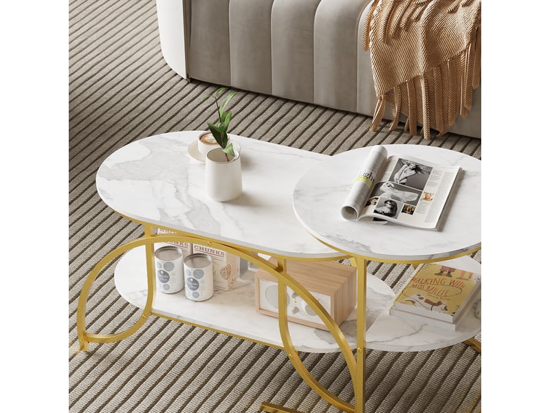  Table basse à imitation marbre blanc, pieds métalliques dorés, étage de rangement, style moderne pour salon  - Conforama E