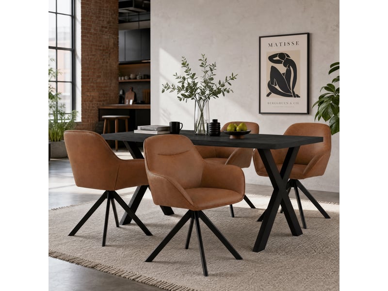  Ensemble table et 4 chaises - table rectangulaire 160x80 cm monobloc en chêne noir et pieds métal, 4 chaises en pu marron et pieds métal  - Conforama A