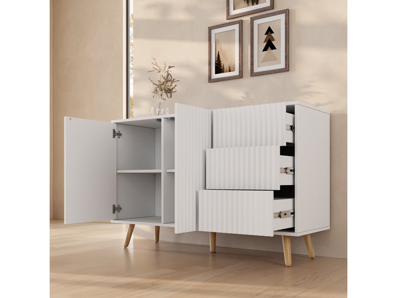  Buffet de salon bas 2 portes 3 tiroirs cannelé | meuble de rangement à rainures | console d'entrée | 120x40x76cm | modèle renzo l | couleur blanc Renzo L - Conforama D