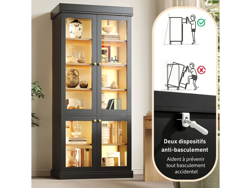  Vitrine haute 80 x 40 x 180 cm avec éclairage led, rangements compartimentés et dispositif anti-basculement, noir  - Conforama E