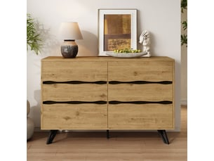 Buffet 120x40x75,5 cm avec 6 tiroirs, finition effet bois et pieds métalliques, grand espace de rangement