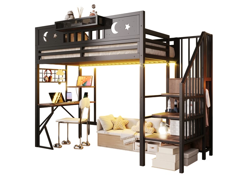  Lit mezzanine 90x200 cm, bureau avec usb, étagères et éclairage led, en métal, noir, sans matelas  - Conforama A