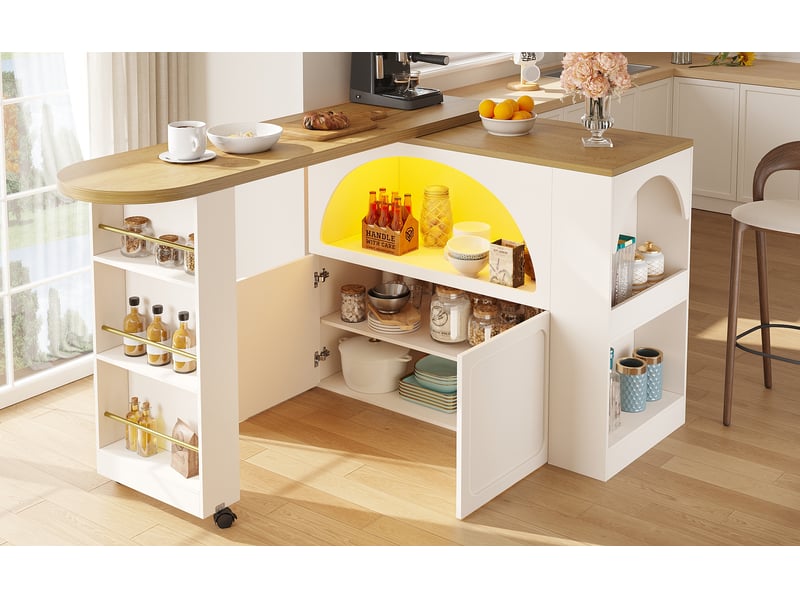  Table a manger extensible avec rangement (135-205×39×100 cm, table de bar mobile, table de bar avec led, îlot de cuisine, blanc  - Conforama W