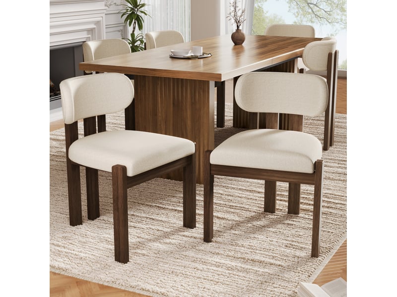  Chaises de salle à manger lot de 4 avec assise rembourrée et dossier ergonomique en tissu bouclé et bois, blanc cassé et noyer  - Conforama B