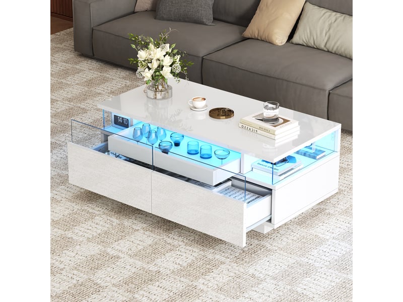  Table basse blanche brillante 90x45 cm avec led et 2 tiroirs  - Conforama D
