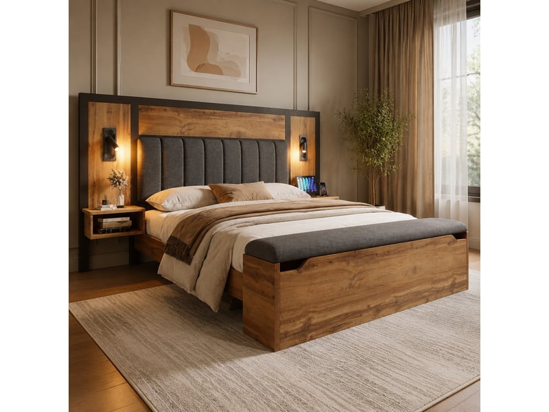  Lit double 180 x 200 cm chêne avec chevets, lampes de lecture et banc de rangement  - Conforama D